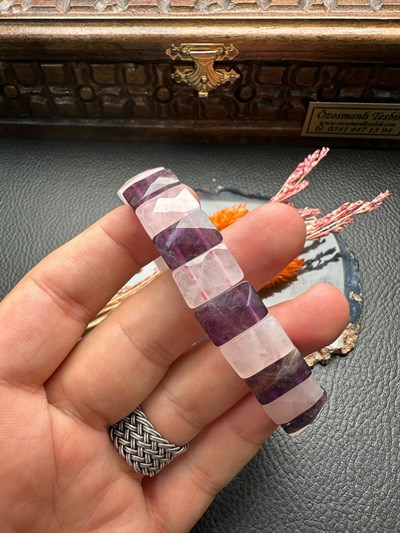 Rolex Model Ametist Ve Pembe Kuvars Dizayn Doğal Taş Bileklik