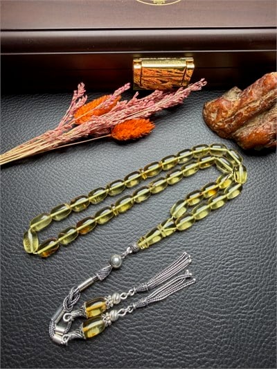 Çiftli Sallantılı Püskül Dizayn Şeffaf Renk Rus Kaya Damla Kehribar Tesbih
