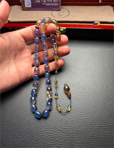 Dark Blue Serdar Aydın Usta İşi Badem Model Tek Kaya Dominik Damla Kehribar Tesbih
