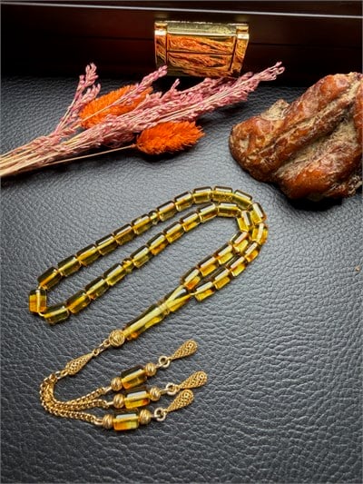 Gold Renk Püskül Dizayn Rus Kaya Damla Kehribar Tesbih