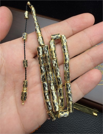 Kesme Ayasofya Model Siyah ve Gold Renk Mineli Küçük Boy Gümüş Tesbih