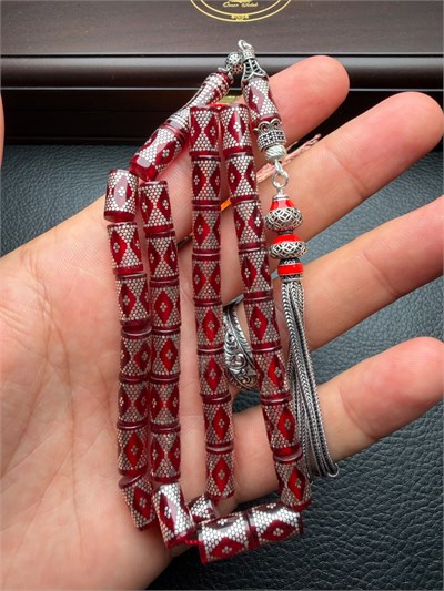 Kesme Model Gümüş İşlemeli Ateş Kehribar Tesbih
