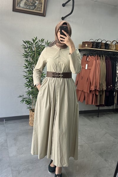 Almarwah Black Kemerli Elbise Bej