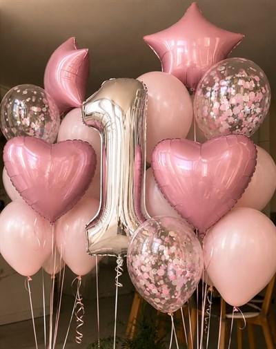 PEMBE DOĞUMGÜNÜ PARTİSİ SETİ - KALP, YILDIZ FOLYO BALON