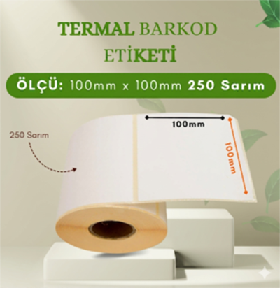 100x100 mm Barkod Termal Etiket 250 Net Sarım 5 Rulo (500 Sarım x 5 Rulo Toplam 1.250 Sarım)