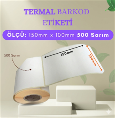 150x100 mm Barkod Termal Etiket 500 Net Sarım 5 Rulo (500 Sarım x 5 Rulo Toplam 2.500 Sarım)