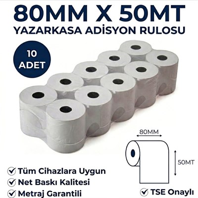 Yazarkasa / Termal Adisyon Fişi Pos Rulosu 80 MM x 50 MT 10 Adet