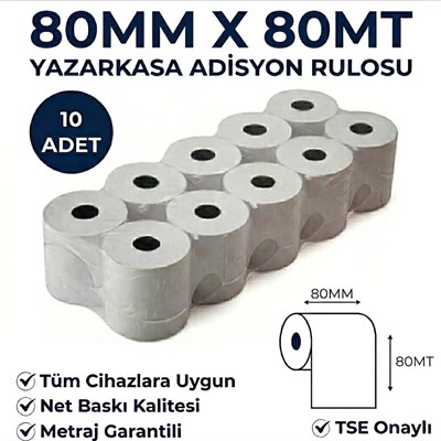 Yazarkasa / Termal Adisyon Fişi Pos Rulosu 80 MM x 80 MT 10 Adet