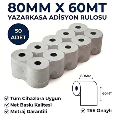 Yazarkasa / Termal Adisyon Fişi Pos Rulosu 80 MM x 60 MT 50 Adet