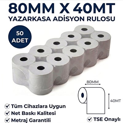 Yazarkasa / Termal Adisyon Fişi Pos Rulosu 80 MM x 40 MT 50 Adet