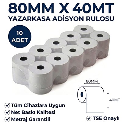 Yazarkasa / Termal Adisyon Fişi Pos Rulosu 80 MM x 40 MT 10 Adet
