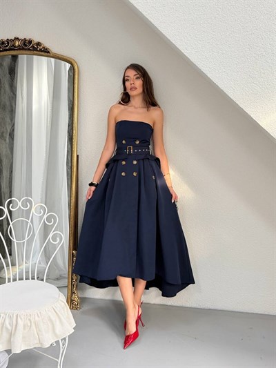Cotton Trench Straplez Midi Boy Bel Kemerli Haki ve Lacivert Elbise Modeli