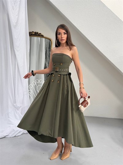 Cotton Trench Straplez Midi Boy Bel Kemerli Haki ve Lacivert Elbise Modeli