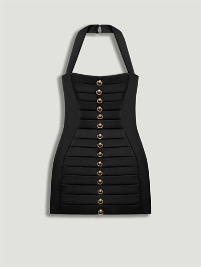 Katmanlı Plise Katlı İthal Düğme Detay Boyundan Düğmeli Flexible Lace Handemiy Paris Model Mini Elbise