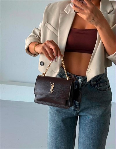 YSL Tasarım Gold Çelik Askılı Toz Torbalı Deri küçük boy Omuz Çantası