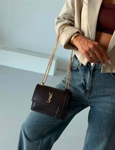 YSL Tasarım Gold Çelik Askılı Toz Torbalı Deri küçük boy Omuz Çantası