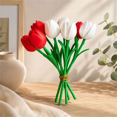 3D Baskı Yapay Islak Görünümlü Lale Demeti – 6lı Dekoratif Çiçek Seti 24 CM Beyaz / Kırmızı