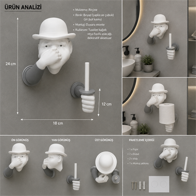 3D İnsan Figürlü Tuvalet Kağıdı Askılığı – Eğlenceli Banyo Dekoru Gri