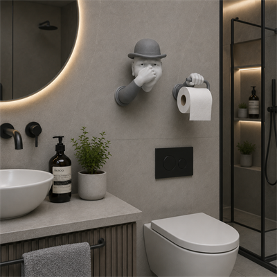 3D İnsan Figürlü Tuvalet Kağıdı Askılığı – Eğlenceli Banyo Dekoru Gri