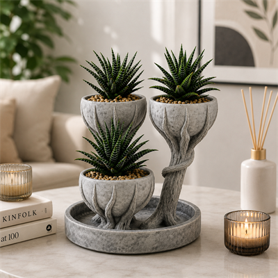 3D Üçlü Hand Of Tree Mermer Desenli Vazo