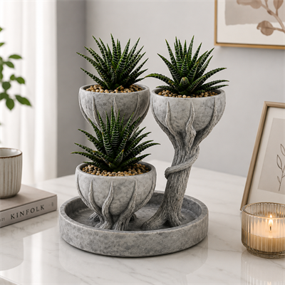 3D Üçlü Hand Of Tree Mermer Desenli Vazo