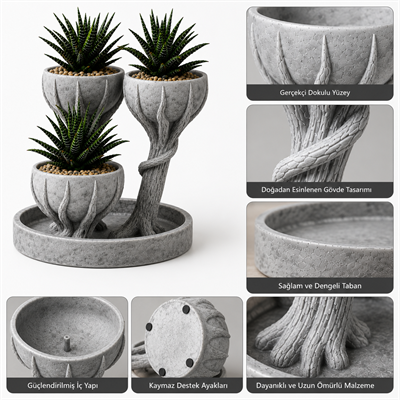 3D Üçlü Hand Of Tree Mermer Desenli Vazo