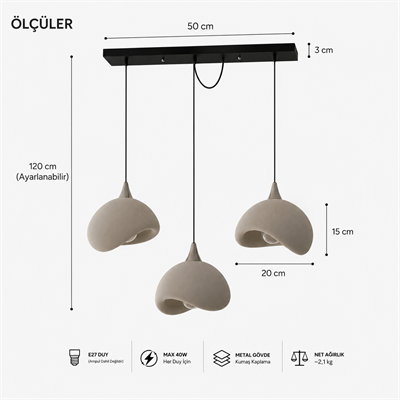 Beton Görünümlü 3D PLA Plastik İskandinav Tarz Sarkıt Avize – Salon ve Cafe İçin 61-70 CM Beyaz