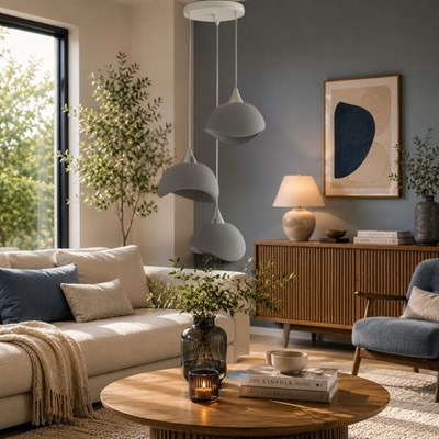 Beton Görünümlü İskandinav Tarzı Salon Oturma Odası 3lü Avize 32 X 70 CM Gri