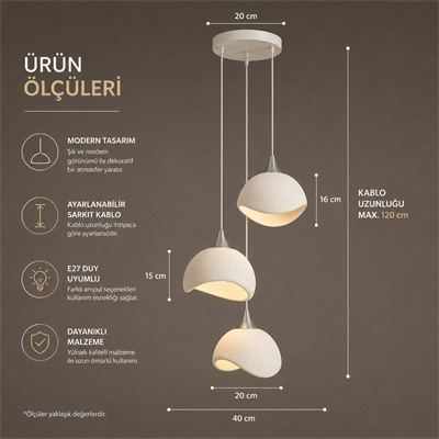 Beton Görünümlü İskandi̇nav Tarzi Salon Oturma Odası 3lü Avize 32 X 70 CM Beyaz
