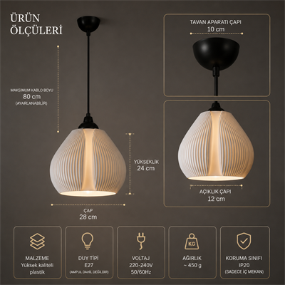 Bohem Sarkıt Avize 3D Tasarım Salon ve Oturma Odası Aydınlatması 25 X 20 CM Beyaz