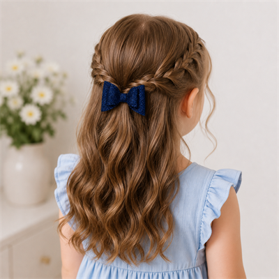 Glitter Detaylı Fiyonk Saç Tokası 2li Set 6x3 cm Lacivert Simli