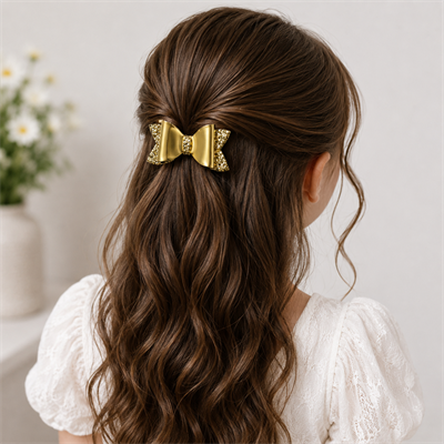Glitter Detaylı Fiyonk Saç Tokası 2li Set 6x3 cm Gold Simli