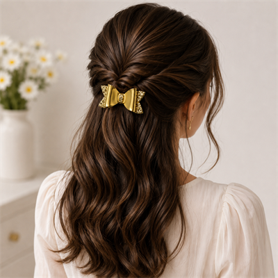 Glitter Detaylı Fiyonk Saç Tokası 2li Set 6x3 cm Gold Simli