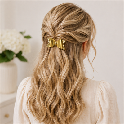Glitter Detaylı Fiyonk Saç Tokası 2li Set 6x3 cm Gold Simli
