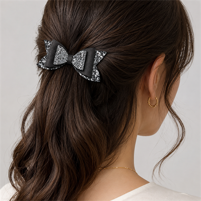 Glitter Detaylı Fiyonk Saç Tokası 9x5 cm Gri