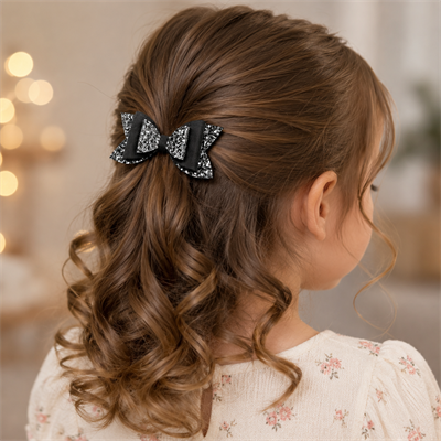 Glitter Detaylı Fiyonk Saç Tokası 9x5 cm Gri