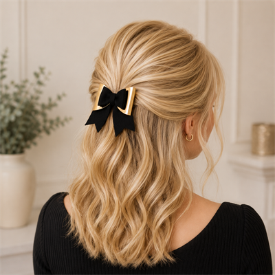 Glitter Detaylı Fiyonk Saç Tokası 9x6 cm Siyah-Gold