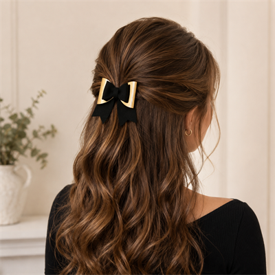 Glitter Detaylı Fiyonk Saç Tokası 9x6 cm Siyah-Gold