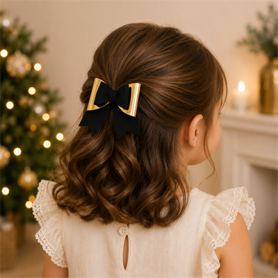 Glitter Detaylı Fiyonk Saç Tokası 9x6 cm Siyah-Gold