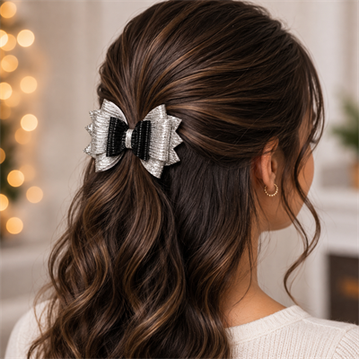 Glitter Detaylı Fiyonk Saç Tokası 9x6 cm Gri - Siyah