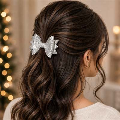 Glitter Detaylı Fiyonk Saç Tokası 9x7 cm Gümüş Gri