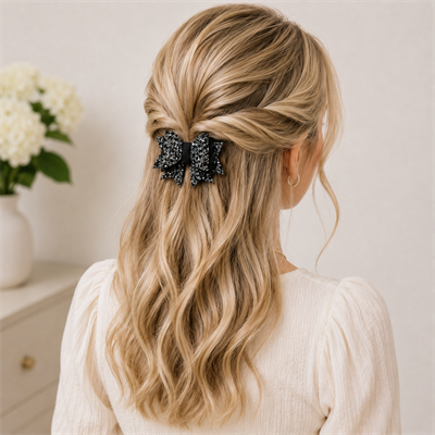 Işıltılı Glitter Tasarımlı Fiyonk Saç Tokası Gri Pullu