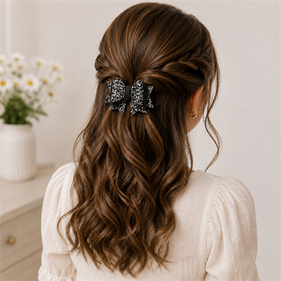 Işıltılı Glitter Tasarımlı Fiyonk Saç Tokası Gri Pullu