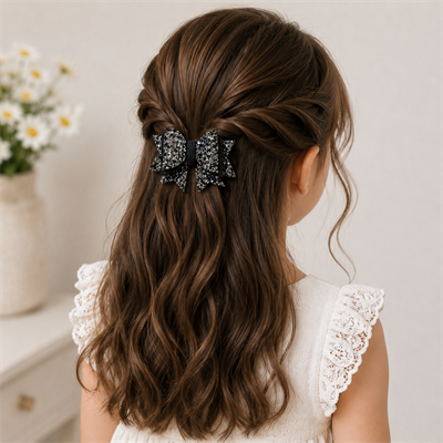 Işıltılı Glitter Tasarımlı Fiyonk Saç Tokası Gri Pullu