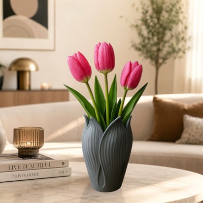 Lotus 3D Dekorati̇f Vazo 18 cm Gri