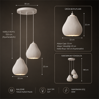 Lumi̇nera Salon Oturma Odasi Üçlü Sarkıt Avize – Salon Aydınlatması 70 CM