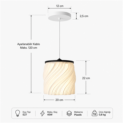 Luna Tekli̇ Sarkıt Salon Avi̇ze Avize – Salon Aydınlatması 20 CM Beyaz/Siyah