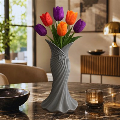 Plasti̇k İskandi̇nav Bohem Kadin Plasti̇k 3D Vazo 22 CM Gri