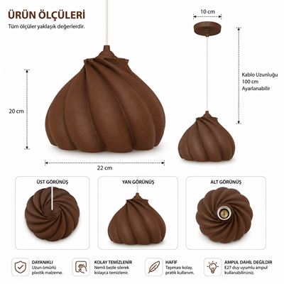 Pumpkin Tekli Avize Yatak Odası Mutfak Sarkıt Avize – Salon ve Oturma Odası Aydınlatması 25X25 CM Kahverengi