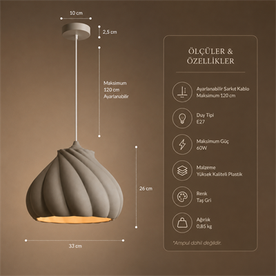 Pumpkin Tekli Avize Yatak Odası Mutfak Sarkıt Avize – Salon ve Oturma Odası Aydınlatması 25X25 CM Gri
